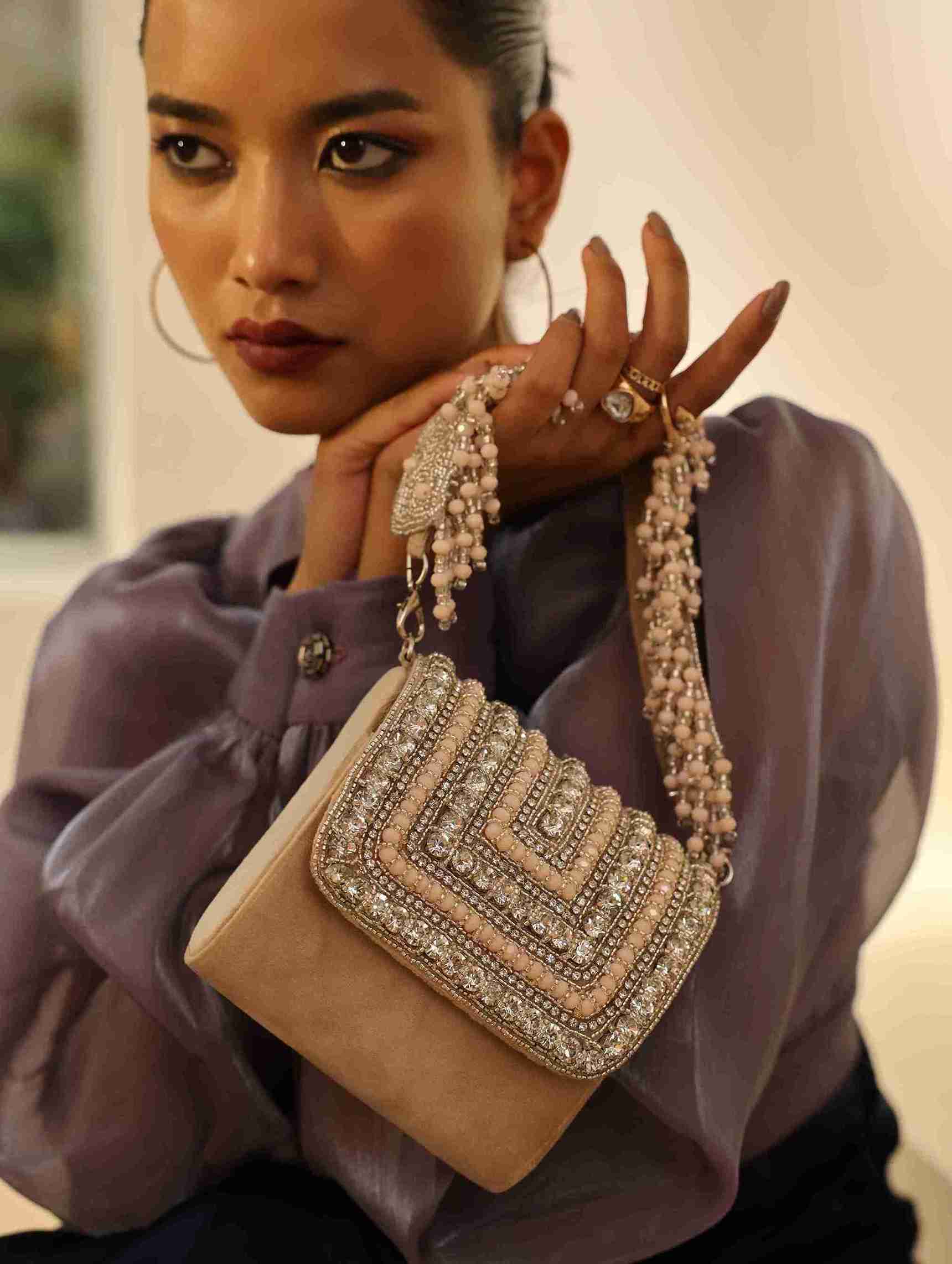 Nysa Beige Mini Bag with Embroidered Handle