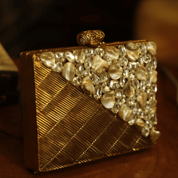 Eira Golden Embellished Brass Clutch