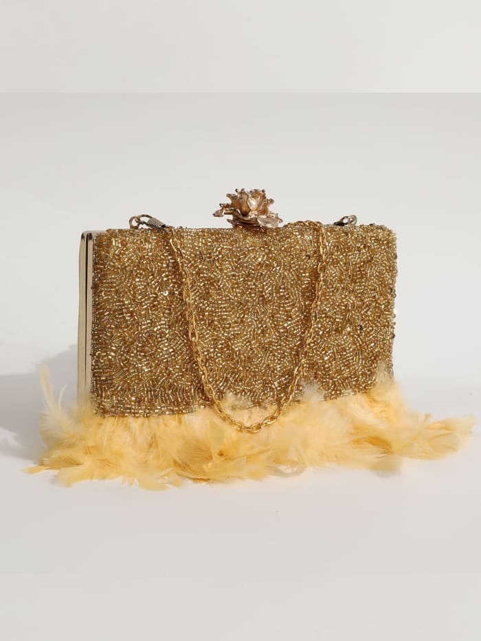 Daina Light Gold Hand Embroidered Feather Clutch