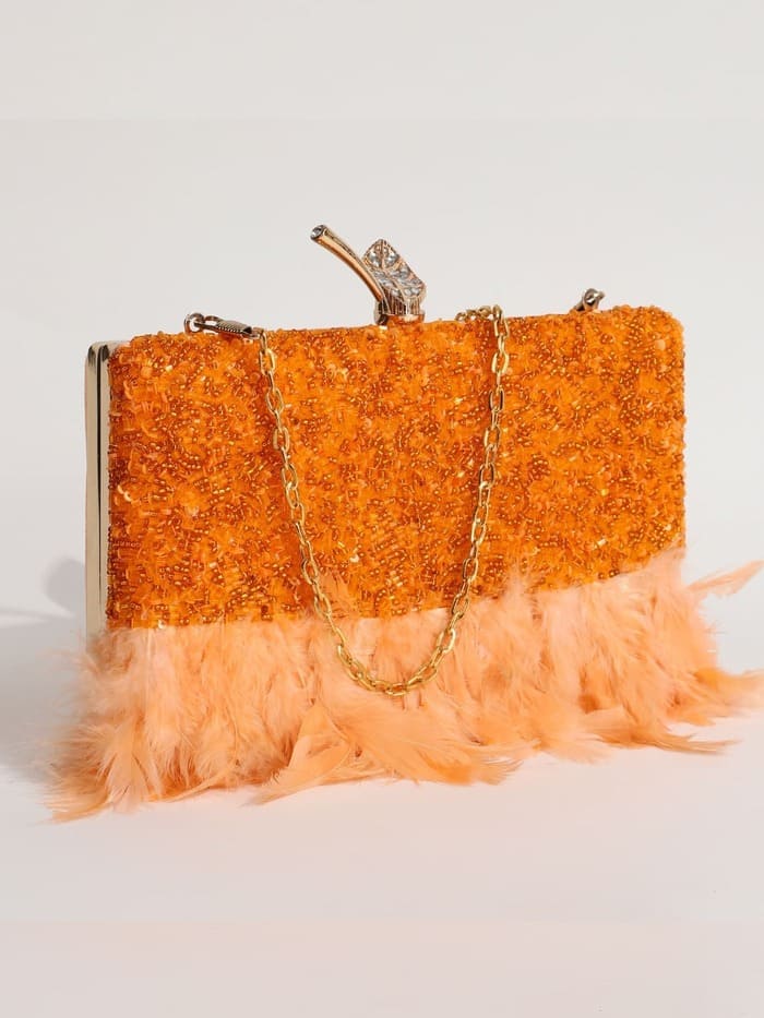 Daina Peach Hand Embroidered Feather Clutch