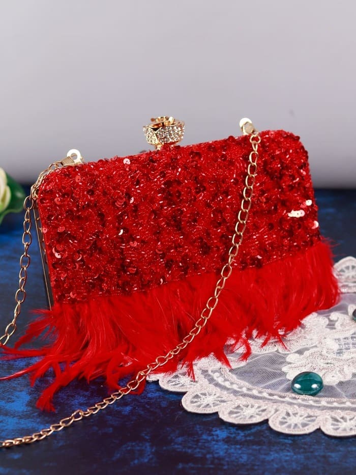 Daina Red Hand Embroidered Feather Clutch