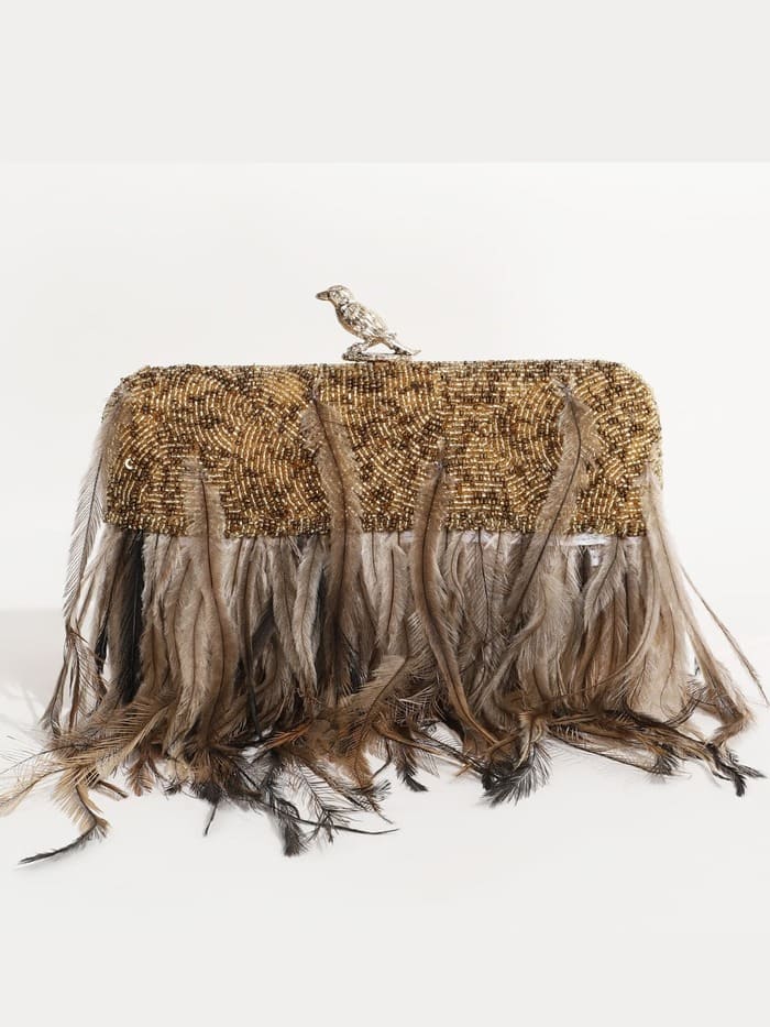 Daina Dark Gold Hand Embroidered Feather Clutch