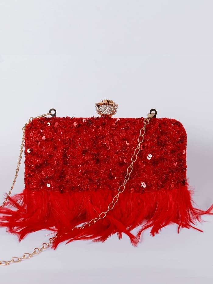 Daina Red Hand Embroidered Feather Clutch