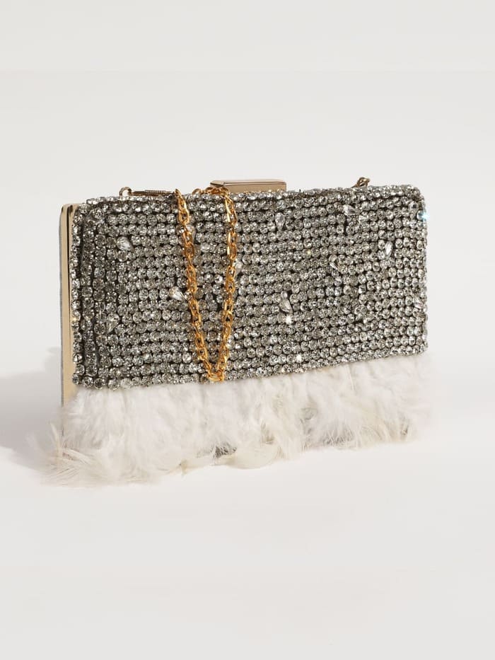 Daina White Hand Embroidered Feather Clutch