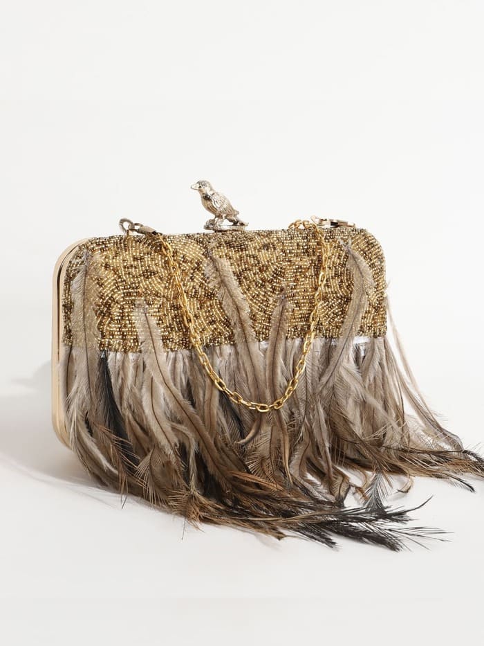 Daina Dark Gold Hand Embroidered Feather Clutch